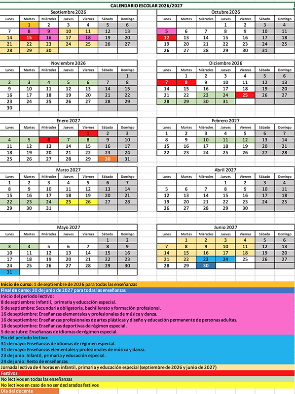 CALENDARIO ESCOLAR CANTABRIA 2026-27